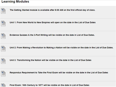 Title: Screen shown when you click on Learning Modules on the Course Menu - Description: Each module shown contains everything you need for the course materials and for tools to use them.